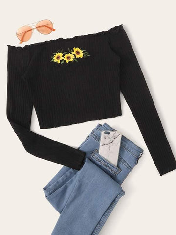 Embroidered Sunflower Lettuce Edge Rib-knit Bardot Top - takostyle