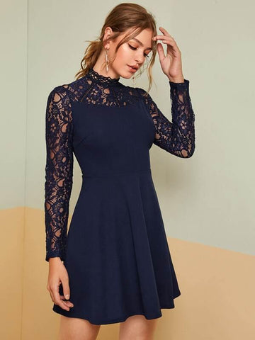 Lace Yoke Fit &amp; Flare Dress - takostyle