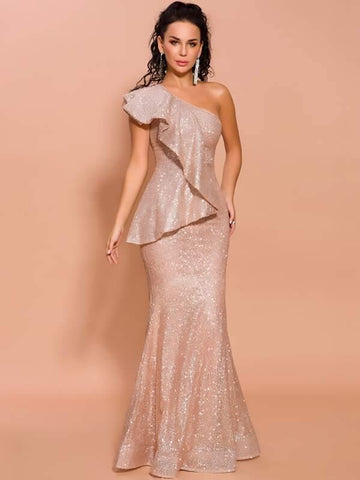 Missord One Shoulder Exaggerated Ruffle Sequin Prom Dress - takostyle