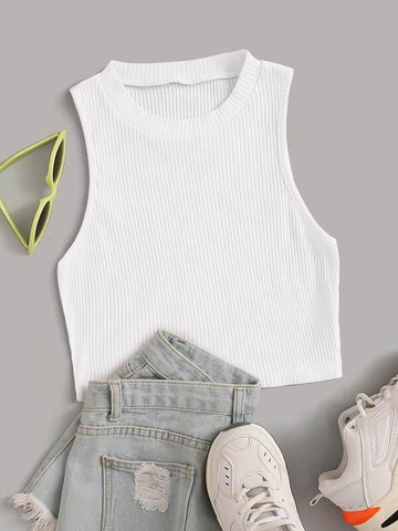Solid Ribbed Cropped Tank Top - takostyle