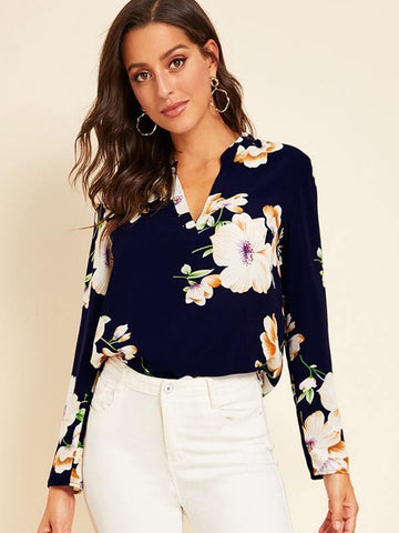Floral Print Split Neck Top - takostyle