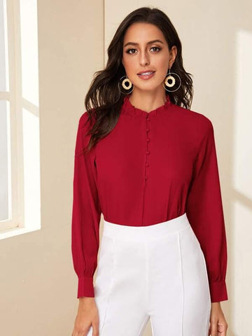 Frill Trim Covered Button Blouse - takostyle