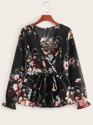 Floral Print Belted Peplum Blouse - takostyle