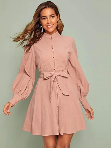 Bishop Sleeve Covered Button Belted Shirt Dress - takostyle