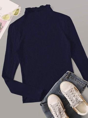 Lettuce Edge Mock Neck Rib-knit Tee - takostyle