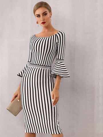 Adyce Striped Flounce Sleeve Bardot Bandage Dress - takostyle