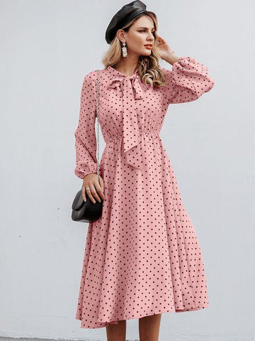 Simplee Tie Neck Lantern Sleeve Polka Dot Dress - takostyle