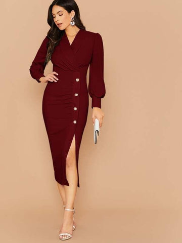 Shawl Collar Lantern Sleeve Buttoned Split Hem Dress - takostyle