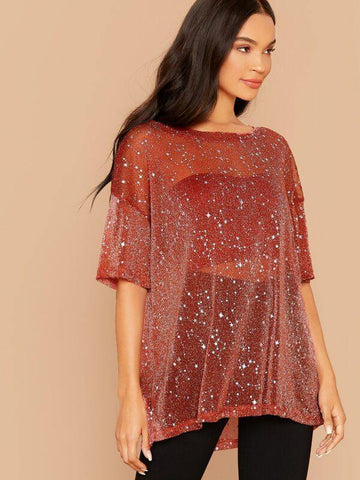 Glitter Galaxy Print Sheer Mesh Longline Tee - takostyle