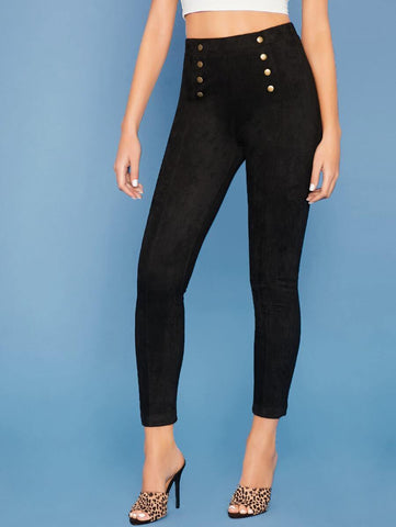 Button Detail Faux Suede Skinny Pants - takostyle