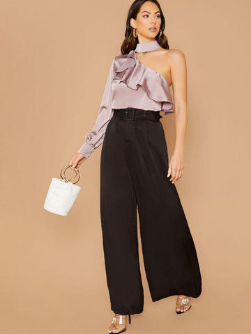 Square Buckle Belted Waist Wide Leg Pants - takostyle