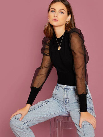 Sheer Organza Puff Sleeve Sweater Top - takostyle