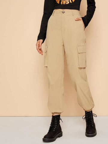 Solid Side Flap Pocket Cargo Pants - takostyle