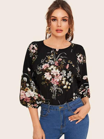 Raglan Sleeve Floral Print Top - takostyle