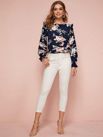 Ruffle Detail Floral Print Blouse - takostyle