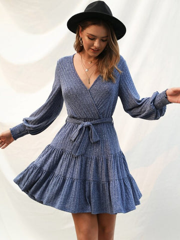 Solid Rib-knit Bishop Sleeve Belted Ruffle Hem Dress