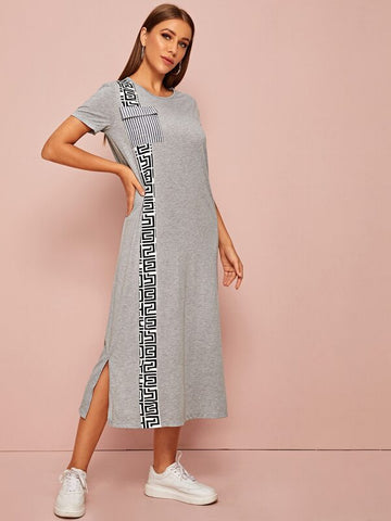 Striped Pocket Greek Fret Print Slit Side Tee Dress