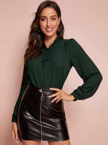 Frilled Tie Neck Solid Blouse - takostyle