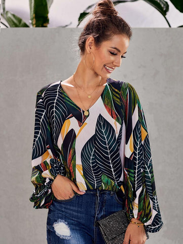 Tropical Print Bishop Sleeve Blouse - takostyle