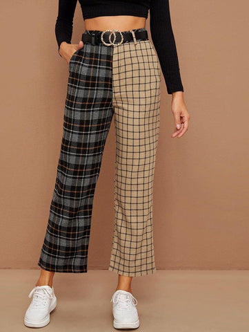 Colorblock Plaid Wide-Leg Pants - takostyle