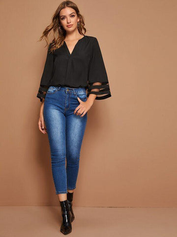 V-cut Neck Mesh Insert Blouse - takostyle