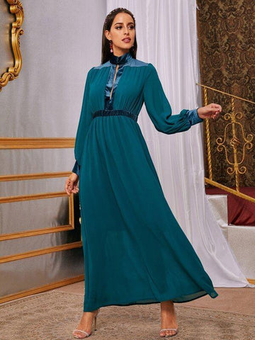 Contrast Panel Elastic Waist A-line Chiffon Dress - takostyle