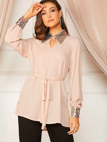 Sequin Collar & Cuff Belted Blouse - takostyle