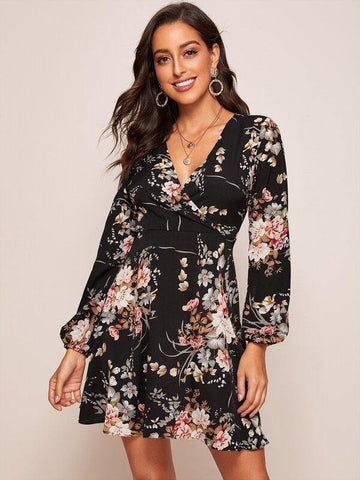 Surplice Neck Floral Print Dress - takostyle
