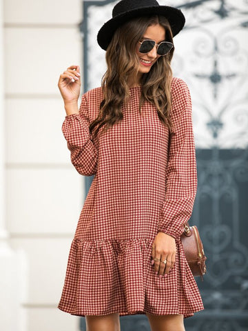 Houndstooth Drop Waist Smock Dress
