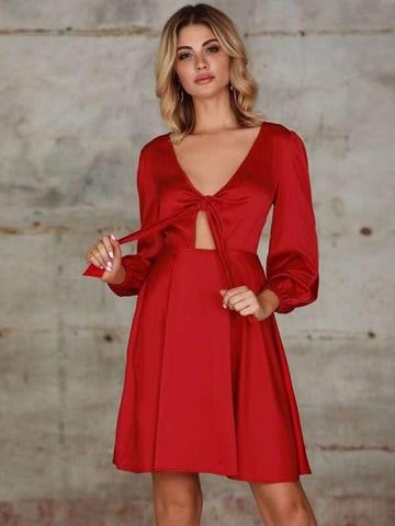 Double Crazy Bishop Sleeve Knot Peekaboo Satin Dress - takostyle