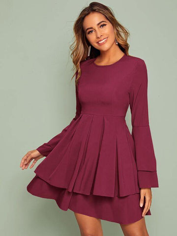 Flounce Sleeve Layered A-line Dress - takostyle