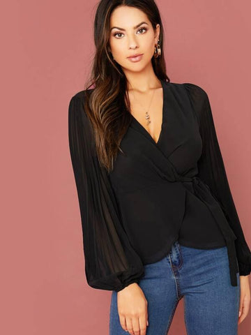 Pleated Lantern Sleeve Knot Side Wrap Top - takostyle