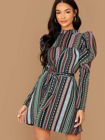 Frill Mock Neck Gigot Sleeve Belted Tribal Print Dress - takostyle