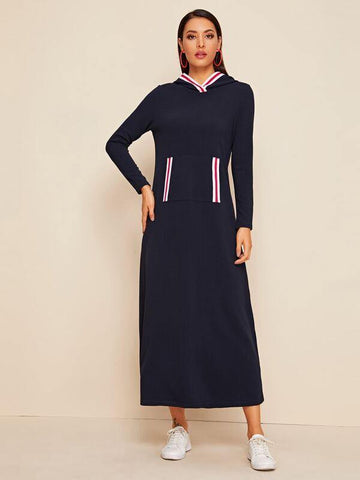 Striped Tape Trim Hooded Dress - takostyle