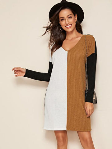 V-neck Colorblock Rib-knit Dress