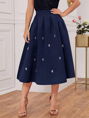 Zip Side Rhinestone Detail Flare Skirt - takostyle