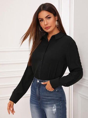 Lace Panel Curved Hem Button Up Blouse - takostyle