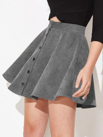 Button Up Corduroy Skater Skirt - takostyle