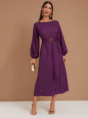 Lantern Sleeve Boat Neck Belted Dress
