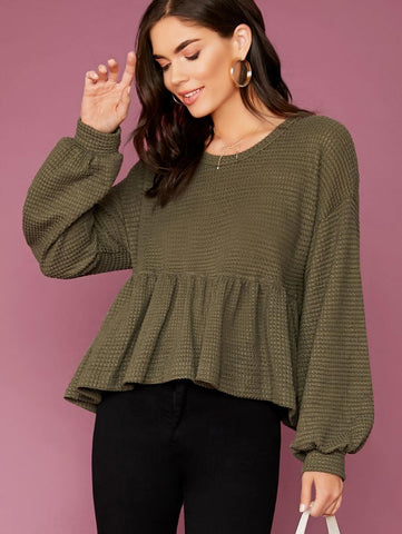 Crew Neck Waffle Knit Peplum Hem Top - takostyle