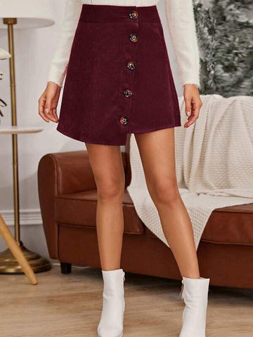 Button Front Asymmetrical Hem Corduroy Skirt - takostyle