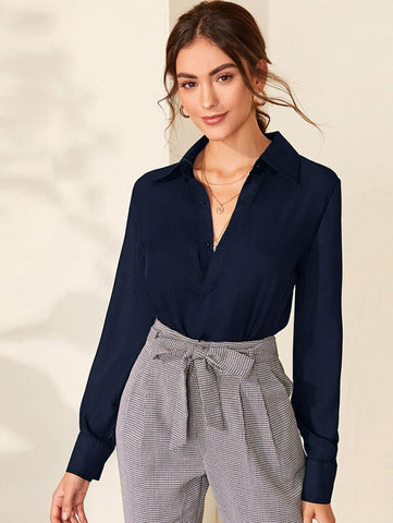 Solid Button Up Blouse - takostyle