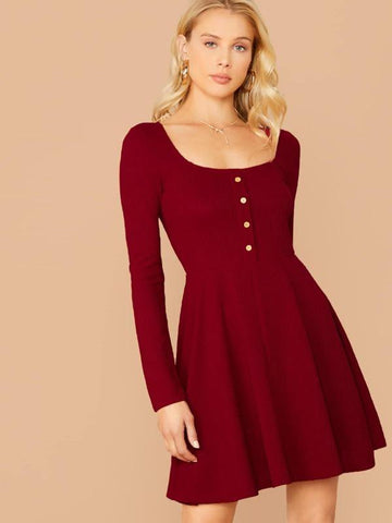 Button Front Rib-knit Solid Dress - takostyle