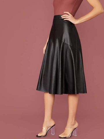 Zip Side Solid Flared Coated Skirt - takostyle