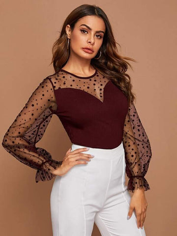 Sheer Dobby Mesh Flounce Sleeve Top - takostyle