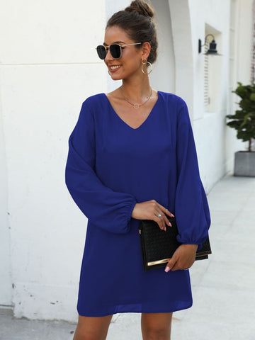 V-neck Lantern Sleeve Tunic Dress