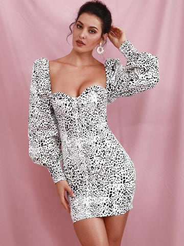 LOVE&amp;LEMONADE Sweetheart Neck Bishop Sleeve Leopard Dress - takostyle