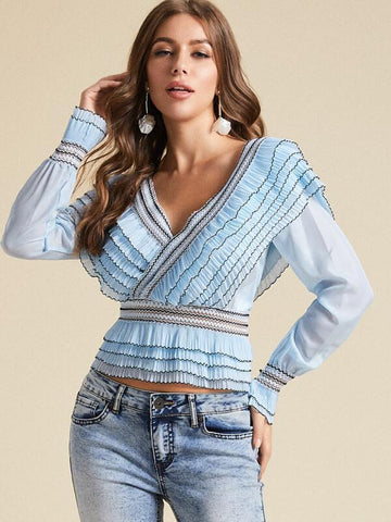 SBetro Layered Ruffle Trim Lace Insert Peplum Top - takostyle