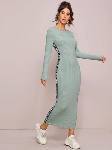 Letter Tape Side Rib-knit Pencil Dress - takostyle