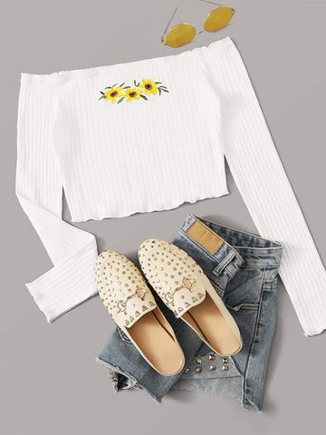 Sunflower Embroidered Lettuce Trim Rib-knit Bardot Top - takostyle